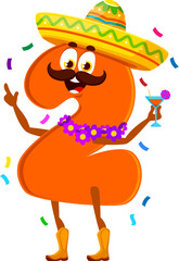 Birthday holiday celebration, cartoon math number and digit two character. Vector orange numeral 2 in sombrero celebrating with cocktail and surrounded by flying confetti, radiating a fun festive vibe