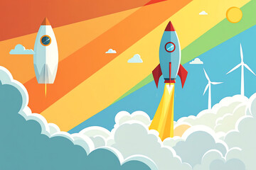 Fototapeta premium Two colorful rockets launching into sky with bright trails, surrounded by clouds, wind turbines, and shining sun, creating inspiring and energetic atmosphere