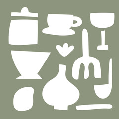 White Silhouette Kitchen Icons on Earthy Green – Flat Minimal Style