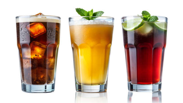 three different types of glass of cola with ice isolated on white background.  PNG Transparent file type with High Definition  Quality