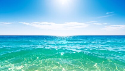 Obraz premium 太陽の光が反射してキラキラ光る夏のエメラルドグリーンの海のイラスト。AIで生成 