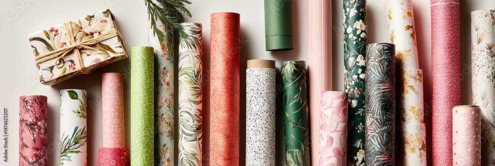 Poster vibrant gift wrap paper rolls displayed in a flatlay arrangement on a clean surface for festive wrap