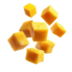 Delicious Mango Cubes Falling in Air, Isolated on Green Transparent background