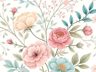 Elegant Floral Pattern Featuring Light Pink, Peach, and Aqua Flowers and Leaves