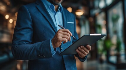 A professional businessman checking tasks off a digital checklist on a tablet, productivity concept 