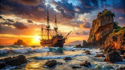 Obraz premium Ancient pirate ship anchored on a rocky outcropping near skull island at sunset with waves crashing against the shore , ship
