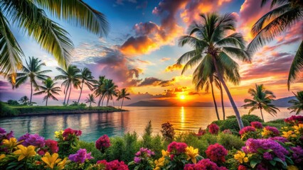 Fototapeta premium A colorful sunset over a tropical island with vibrant flowers and palm trees in the foreground, nature