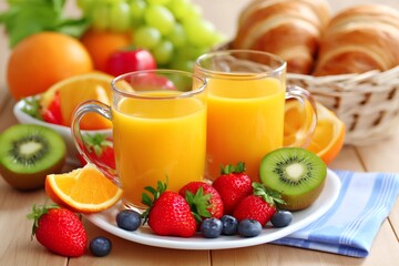 Delicious breakfast featuring orange juice, croissants, and fresh fruit