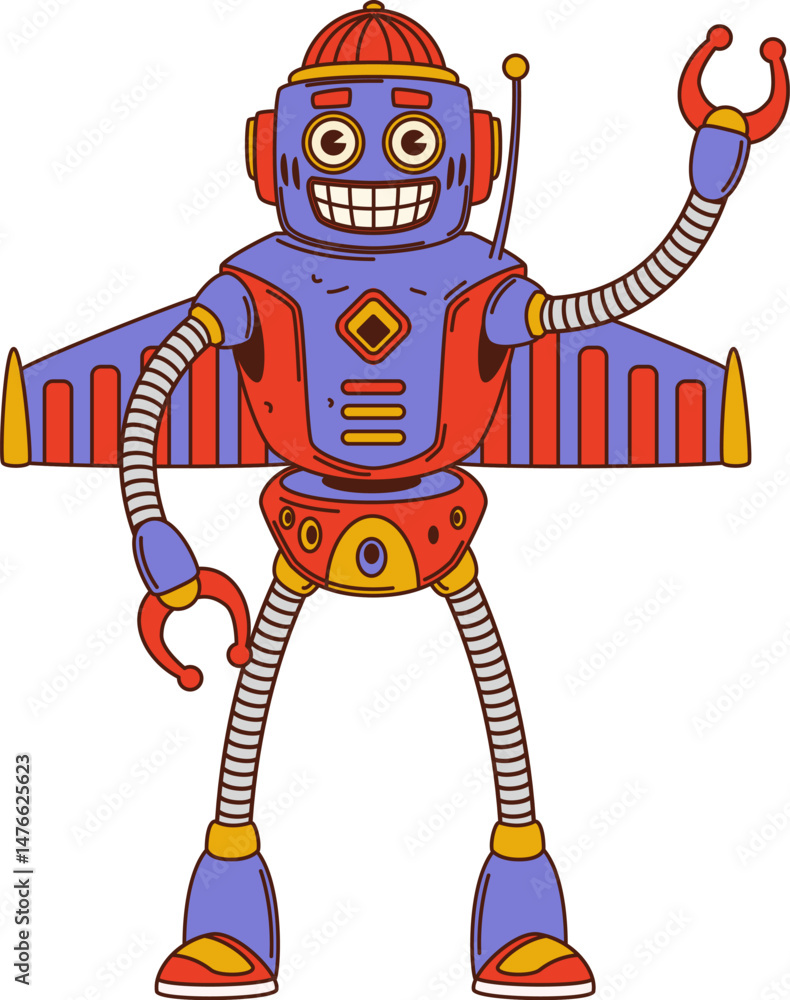Poster cartoon groovy robot character with metallic wings, buttons and hippie funky vibe. vector retro droi