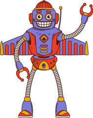Cartoon groovy robot character with metallic wings, buttons and hippie funky vibe. Vector retro droid with happy comic face, claws and wide smile. Funny mechanical y2k personage with expressive eyes