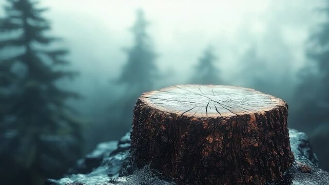 Wooden stump in misty forest
