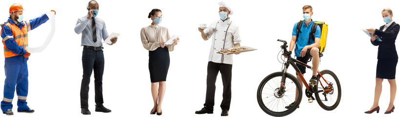 Collage. Group of people different professions like builder, businessman, businesswoman, chef, deliveryman isolated on transparent background. Banner. Concept of profession, diversity
