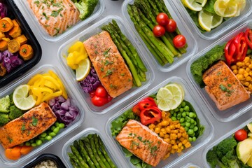 Healthy meal prep containers with cooked salmon, vegetables and seasoning