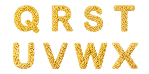 Alphabet letters Q, R, S, T, U, V, W, and X  formed with curly instant noodles : Creative noodle lettering made from raw ramen styled into alphabet shapes