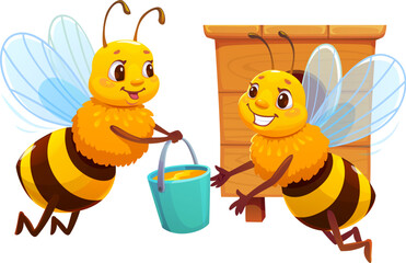 Cartoon honey bee character returning to wooden hive with full bucket. Vector cheerful yellow insect giving a harvest to another honeybee near beehive with smiling face evokes teamwork and apiary life