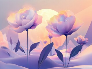 Obraz premium Stylized fantasy roses glowing under a pink sky with large full moon backdrop.