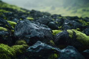 Fototapeta premium Dark volcanic rocks covered in vibrant moss
