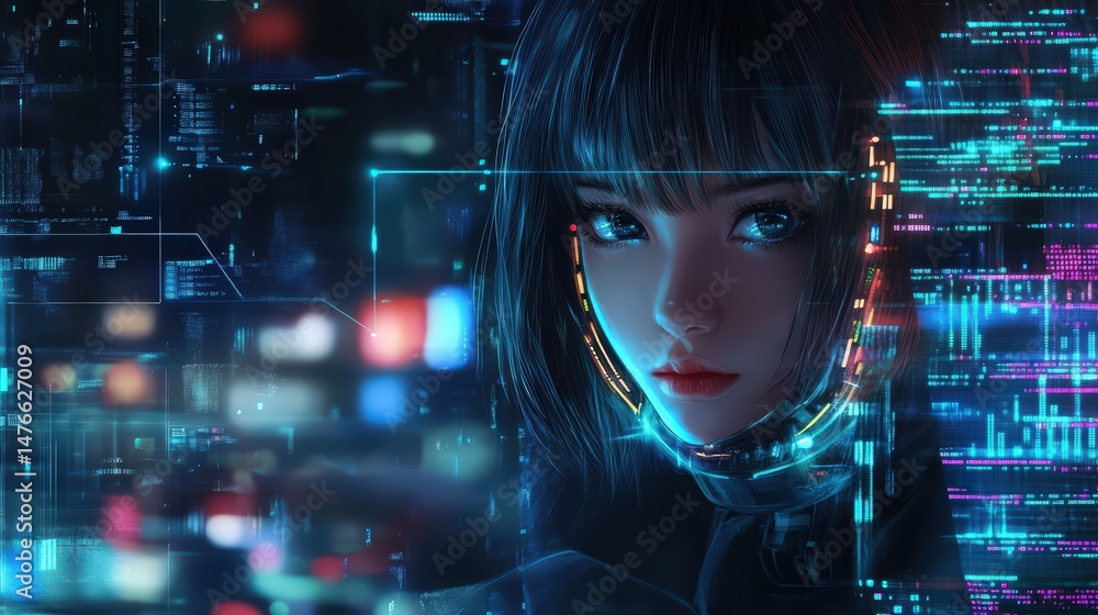Aufkleber futuristic interface depicting a digital avatar in a high-tech environment