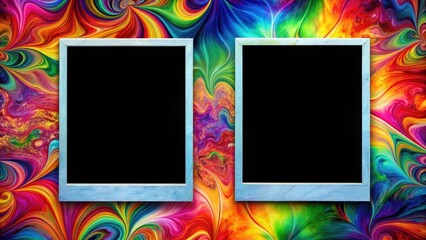 A Polaroid frame with a black border on both front and back sides, containing a colorful abstract background with swirling patterns and shapes , black border, design