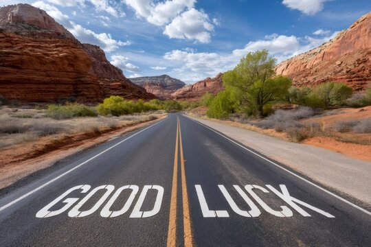 Good luck sign painted on scenic desert road leading to success