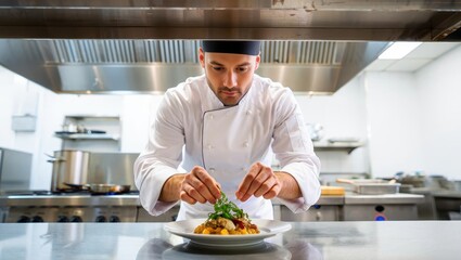 Skilled chef meticulously garnishes a gourmet dish with fresh herbs, adding the final touch to his culinary creation in a professional restaurant kitchen