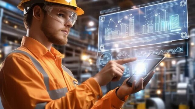Industrial Automation Engineer: A focused industrial engineer uses a tablet displaying real-time production data.