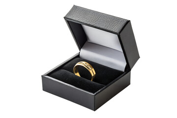 golden ring in black gift box isolated on white or transparent png