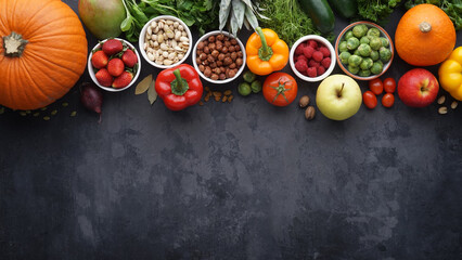 Healthy eating ingredients: fresh vegetables, fruits and superfood. Clean eating and detox. Nutrition, diet, vegan food.