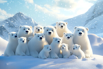 Fototapeta premium A cheerful group of animated polar bears gathered in a snowy landscape under a bright sky