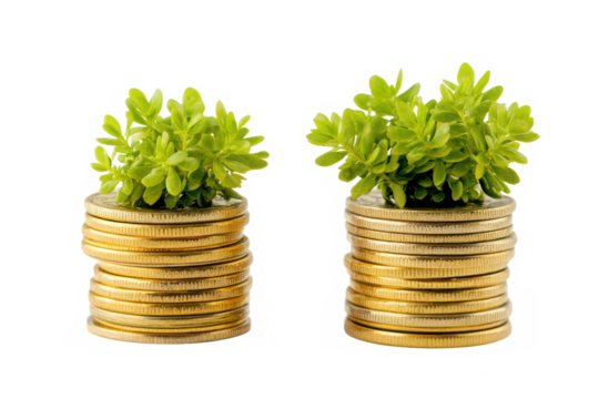 Lush Green Plants Growing on Gold Coin Stacks Transparent Background.