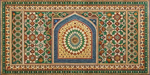 Obraz premium Ancient Islamic prayer mat with intricate geometric patterns and calligraphy, holy scripture illustrations , mosque decor