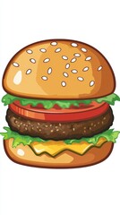 Cartoon style burger with sesame bun lettuce tomato cheese and beef patty graphic illustration