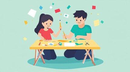 Boy and girl doing arts and crafts with scissors, glue, and paper at a table.