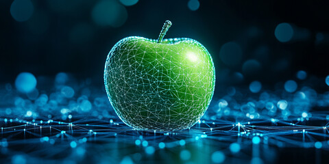 Minimalist abstract image of a green apple created from a network of glowing blue nodes and lines