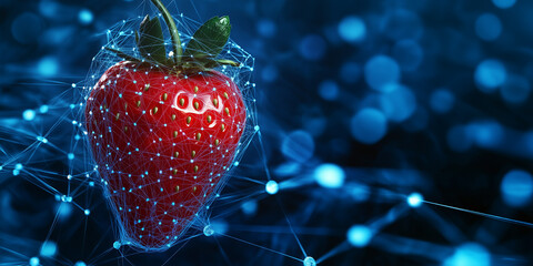 Minimalist abstract image of a red strawberry created from a network of glowing blue nodes and lines