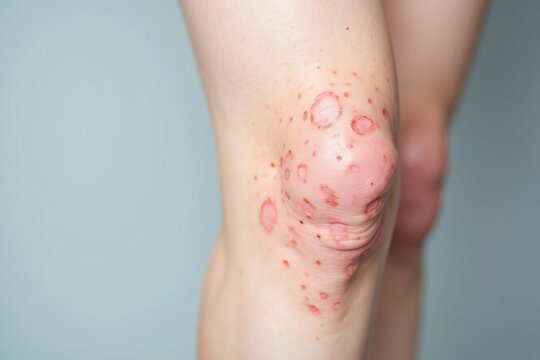 Knee skin rash showing circular red ringworm (tinea corporis) lesions, a closeup of a fungal infection on a human leg against a blue background.