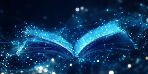 Minimalist abstract image of an open book created from a network of glowing blue nodes and lines, conveying advanced ideas, technology and connectivity