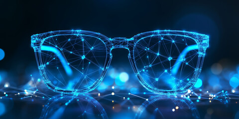 Minimalist abstract image of glasses created from a network of glowing blue nodes