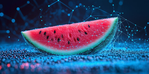 Minimalist abstract image of a slice of watermelon created from a network of bright blue nodes and lines