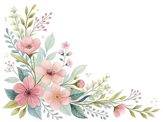 Fototapeta premium Watercolor floral corner arrangement with pink blossoms and delicate leaves