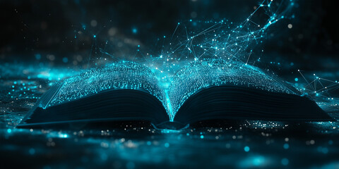 Minimalist abstract image of an open book created from a network of glowing blue nodes and lines, conveying advanced ideas, technology and connectivity