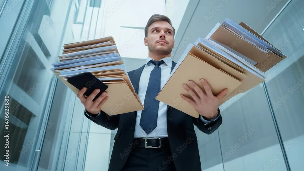 Poster businessman in a suit and tie is holding multiple overstuffed folders and a smartphone, looking conc