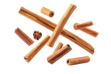 Whole Cinnamon Sticks and Ground Spice on White Transparent Background.