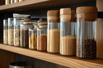 Colorful jars filled with groceries, various grains, spices on wooden shelf. Neatly arranged collection of glass jars. Home storage. Close-up of various food. Storing in a kitchen. Bulk staple foods