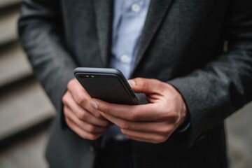 Closeup of male hands using smart phone, blurred trendy background. Man in business suit use mobile phone. Day light. Unrecognizable person touching smartphone screen. Businessman holding cellphone