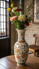 A large vase elegantly placed on a wooden table, showcasing its design against a natural backdrop