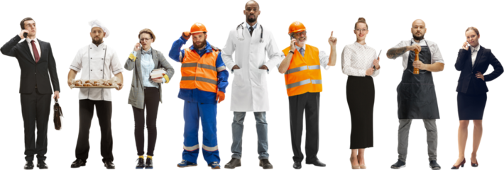 Collage. Full-length of different men and women of various professions, such as businessman, chef, businesswoman, builder, doctor, butcher isolated on transparent background. Banner