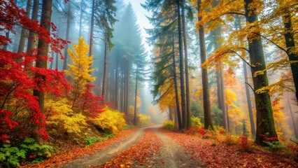 Obraz premium Muted golden hues and crimson leaves on forest trees against a soft blue sky, with winding forest paths leading into misty woods, autumn colours, British Columbia