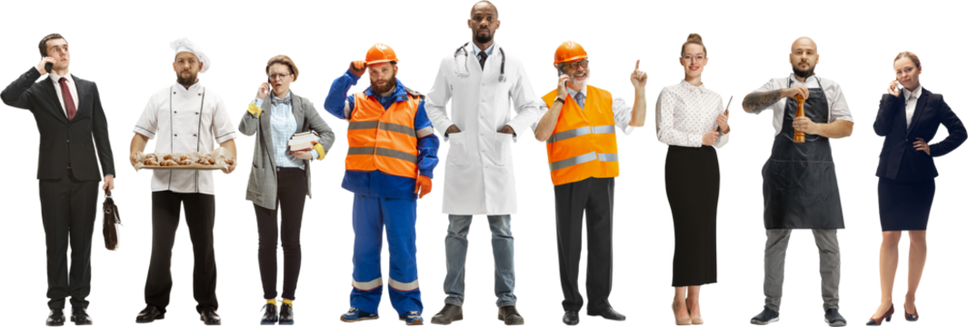 Collage. Full-length of different men and women of various professions, such as businessman, chef, businesswoman, builder, doctor, butcher isolated on transparent background. Banner