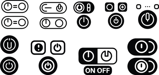 Power Switch Icon Collection. Toggle Buttons, On Off UI Symbols Set